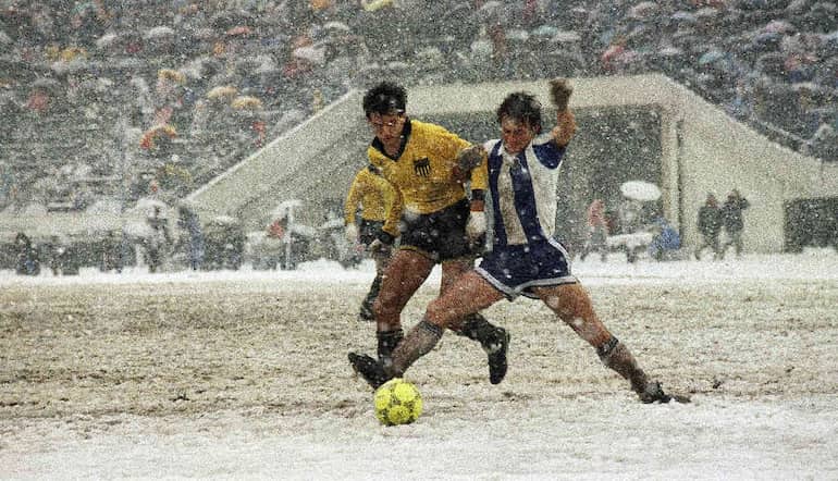 Snowy matches were common during football in the 1970s