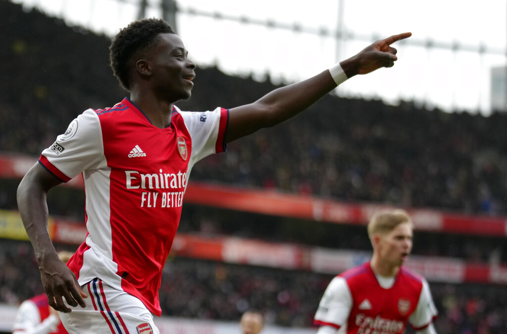 Arsenal's Bukayo Saka celebrates after scoring